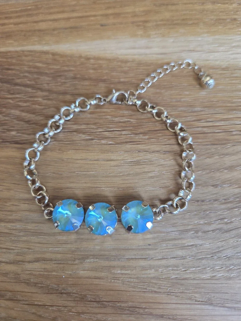 Blue / Green Sparkly Crystals Gold Rolo Chain Bracelet - Hand Crafted